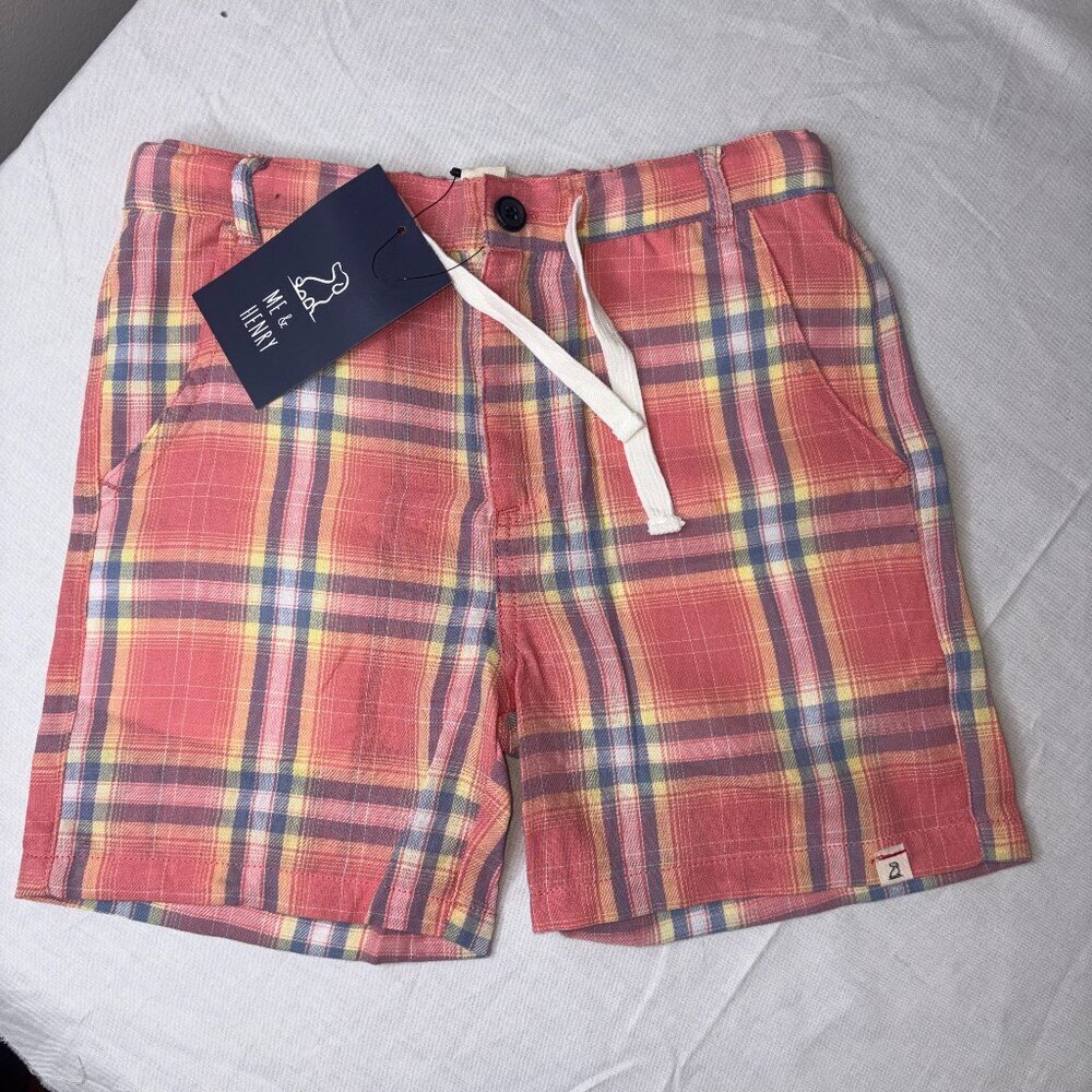 NEW NWT Me & Henry Coral/Lemon Plaid Pull-On Crew Shorts size 8-9Y Preppy